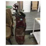 Vtg Leather golf bag with 14 golf clubs some