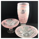 Crystal Pink, 3 pc set, vase, bowl & candy dish