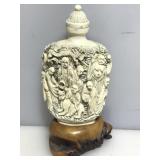 Carved Ivory Chinese Snuff Bottle 5in H on Wood