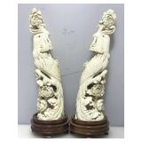 Pair Carved Ivory Chinese Phoenix Bird Sculptures