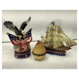 3 trinket box, American Eagle, Ship & pear,