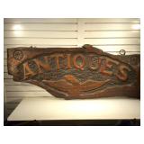 1977 heavy carved wood hanging Antiques sign by