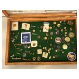 Wood and glass display box with military buttons,