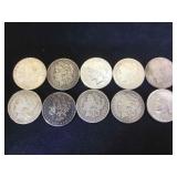 10 MORGAN & PEACE SILVER DOLLARS, 10 x $