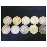 10- Morgan & Peace Silver Dollars, 10 x $