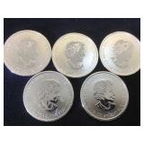 5- 1/2 oz. .9999 Fine Silver Canadian Coins, 5 x $