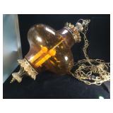 Mid-Century hanging amber glass swag lamp