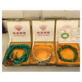 Jade beaded bracelet, stone necklace & rhinestone