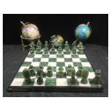 Carved stone chessboard & 3 desktop gemstone