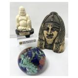 Signed Art Glass Paperweight & 2 Resin Sculptures