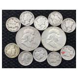 2 Silver Franklin Half Dollars And 10 Mercury