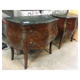 Pair Antique French Bombe Chests Green Marble