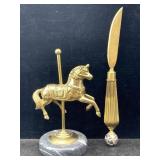 Vtg Brass Carousel horse & knife w/marble base,