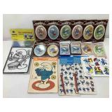 Vtg Smurf items, door sign stickers, cards,