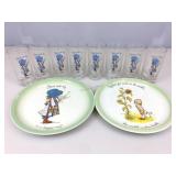 Holly Hobby 8 pc glass set & 2 collector plates