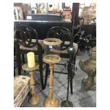 Pair Wood Candle Stands and Metal Accent Piece