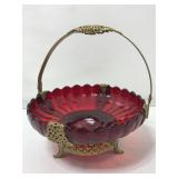 Ruby Red Glass and Metal Footed Basket