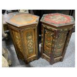 Pair Antique Asian Wood Hex Stands Hand Painted -