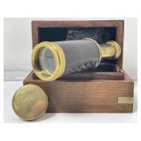 Brass Leather Wrapped Mini Telescope in Wood Box.