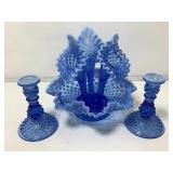 Fenton Blue 3 Horn Hobnail Epergne (10.5D x 9.5H)