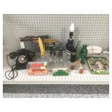 Vintage rotary telephone, 2 Alarm clocks, Coca