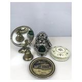 Vanity mirror, brass bell, trinket dish and more