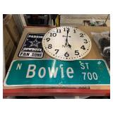 Bowie Street sign, No9 round wall clock and