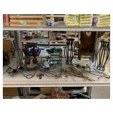 Wood doll chair, metal pawns, candle holders,