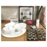 White serving bowls and tray, mini chalkboards,