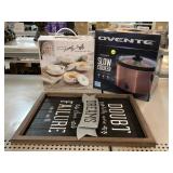NIB speckled casserole dishes, ovente slow cooker