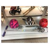 Razor folding scooter and 3 riding helmets