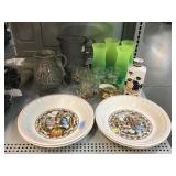Purple glass pitcher, ceramic pitcher and plates,