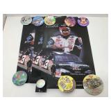 Dale Earnhardt prints and Disney pinback buttons.