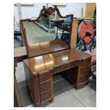 Vtg wood vanity with mirror and carved accents,