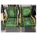 Pair Green Stripe and Gold Armchairs - Some wear