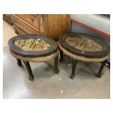 2 Asian carved scene side tables with oval glass
