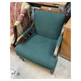 Vtg wood accent chair w/green upholstery, 27in