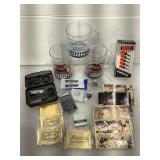 Sports cards, racecar cups, mini desk tool set,