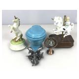 2 Porcelain Music boxes, pewter dolphins, brass