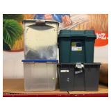 Assorted storage bins with lids.