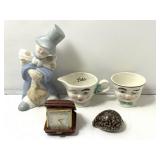 LE Baileys cups, porcelain figurine, travel alarm