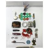 Ed Hardy belt buckle, assorted pocket knives,