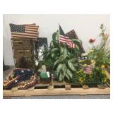 Household decor items. Faux plants, plush flag