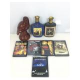 DVDs, bird figurine and 2 decorative decanters.
