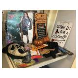 Assorted Halloween Decor. Signs, Costumes, Hair