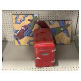 2 airplane art on canvas and mini Frigidaire