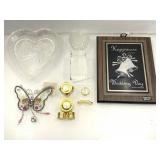 Miniature clocks, glass trinket dish and casket,