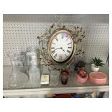Home decor items. Clock, trinket dishes, glass