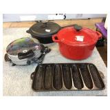 Red Martha Stewart enameled pot, cast iron pan