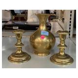 2 Brass Candle Holders & Brass Vase